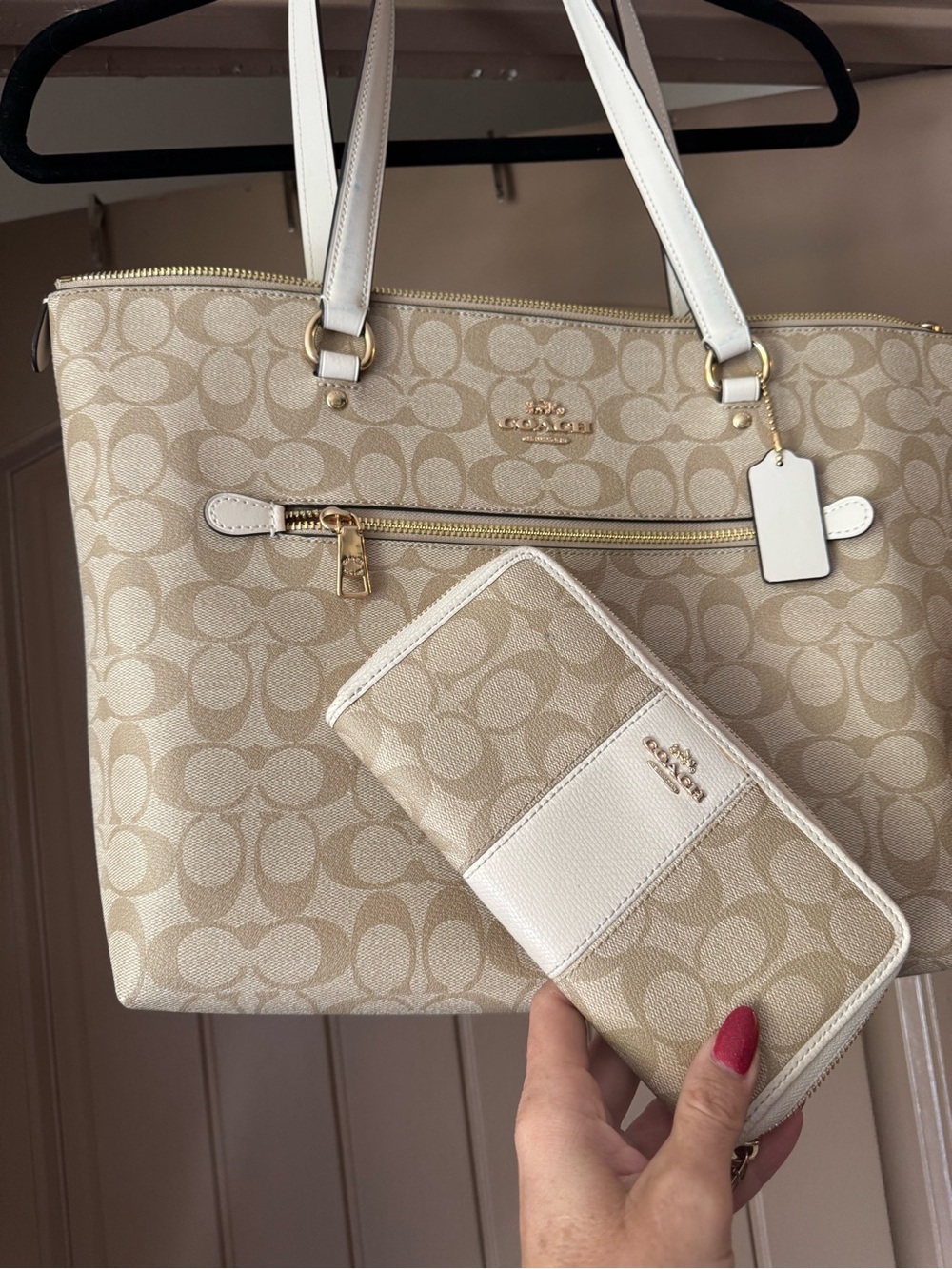 Coach Beige and White Signature Canvas Tote with Matching Wallet